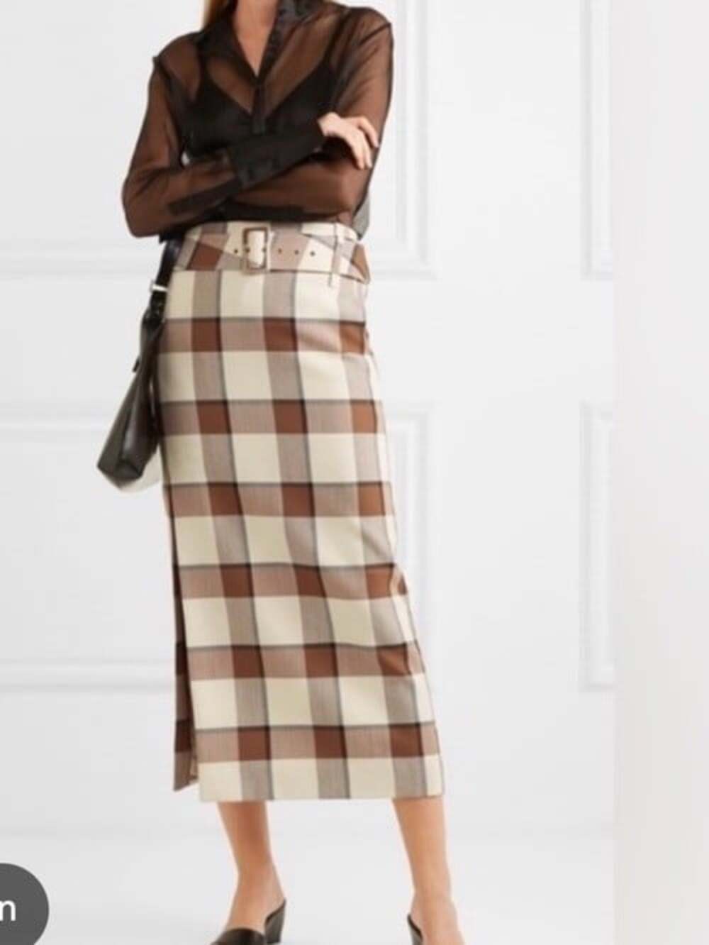 Staud Women’s 10 Maxi Midi Skirt Plaid Brown Cream Slit Straight Long Wool